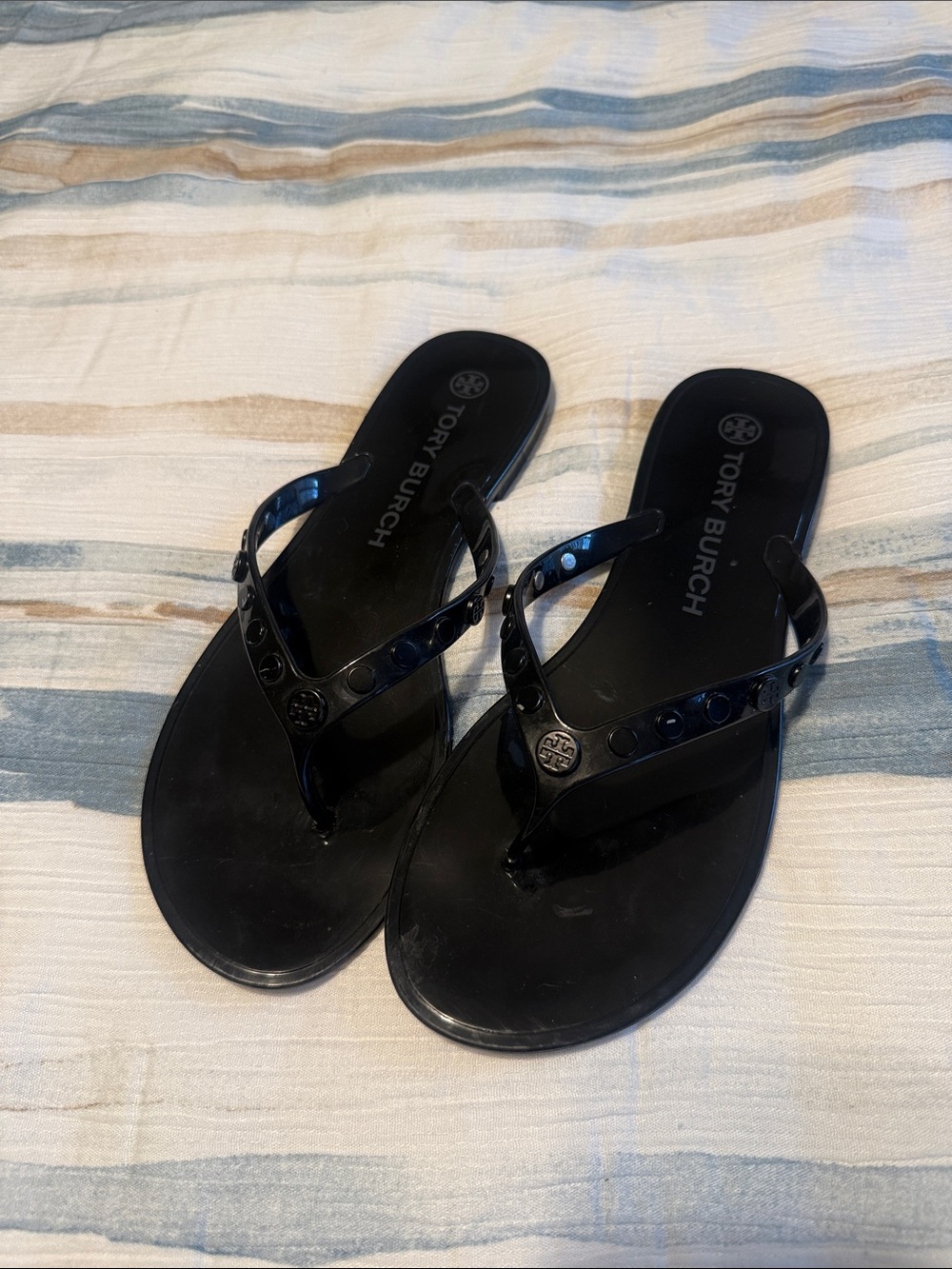 Tory Burch Black Patent Logo Jelly Thong Sandals